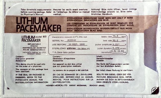 Package label of the Mennen Medical Model 801 pacemaker. Image credit: Benny Kiron